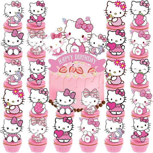 25 Pcs Birthday Party Supplies, Happy Birthday Cake Topper, Cute Anime Cupcake Toppers for Girls (Pink)
