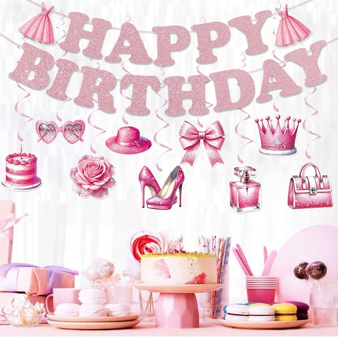 Zwiebeco Pink Rose Gold Girls Happy Birthday Banner Bunting Hanging Paper Swirls Garland Party Decorations for Girls Womens Princess-Style Themed Bday Decor Accessories Supplies