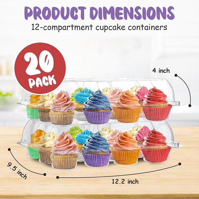 Plastic Cupcake Containers Boxes | 12 Compartment – 20 Pack | Disposable High Dome Dozen Clear Cupcake Holder with Detachable Lid Bulk | Extra Sturdy Stackable Cup Cake Carrier Holders Muffin Boxes
