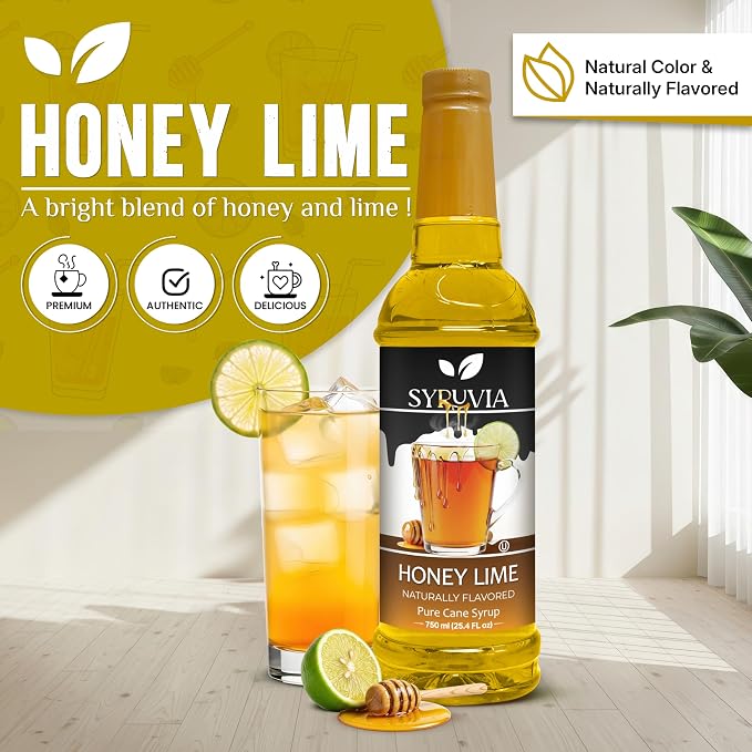 Syruvia Honey Lime Syrup, Naturally Flavored Syrup for Teas, Drinks, Lemonades, Iced Teas, and Desserts – 25.4 fl oz - with Pump