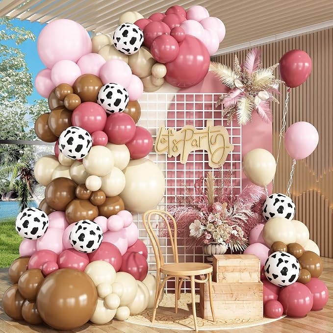 Cowgirl Dusty Pink Balloon Garland Arch Kit, 144Pcs Pink Brown Cream Cow Balloons for Birthday Baby Shower Disco Cowgirl Western Party Decorations