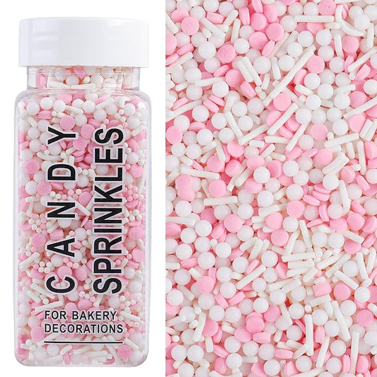 Pink and White Sprinkles for Cake Decorating, 4.6Oz Edible Nonpareils Jimmies Confetti Pearl Sprinkles Mix for Ice Cream Cupcakes Brownie Cookie Baking Topping