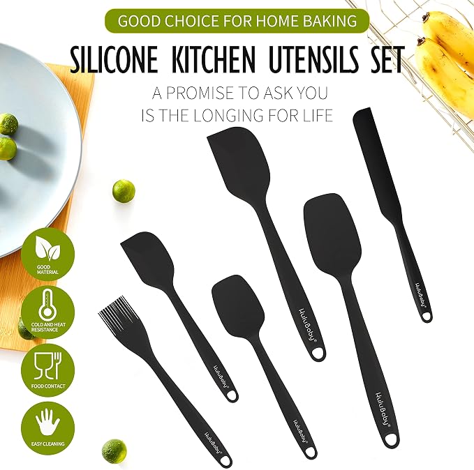 Permanent Warranty Silicone Spatula Set of 6 Seamless One-Piece Non Stick Heat Resistant up 600°F Kitchen Utensils Cooking Baking (Black)
