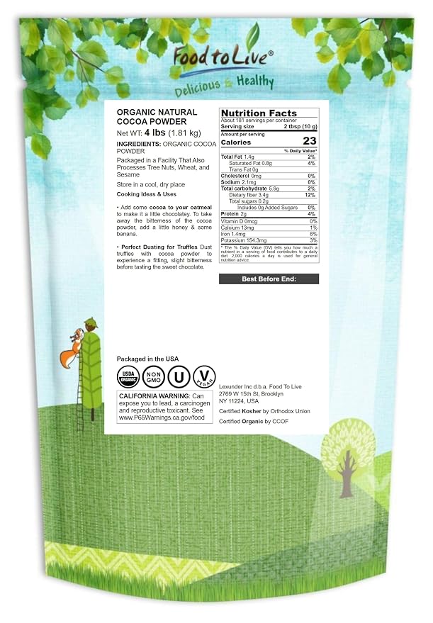 Food to Live Organic Cocoa Powder, 4 Pounds Natural, Unsweetened, Non-Dutched, Non-GMO, Kosher, Sirtfood, Bulk
