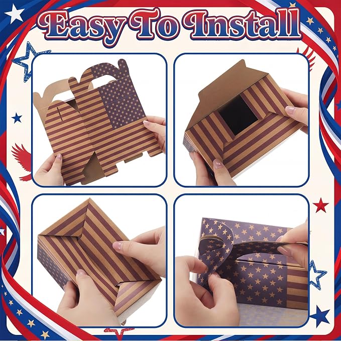 Colarr 48 Pcs 4th of July Treat Boxes Patriotic American Flag Prints Goodie Boxes with Handles 250th Anniversary Kraft Paper Cookie Box Candy Party Favor Box for Independence Day Celebration