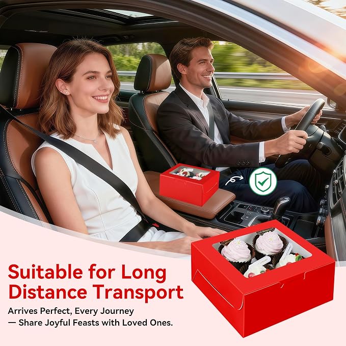 10-Set Cupcake Boxes Bulk with Clear Display Window Hold 4 Standard Cupcakes, Disposable Food Grade Red Cupcake Carrier Cupcake Container, Perfect for Cupcakes Muffins Cookies Pastries