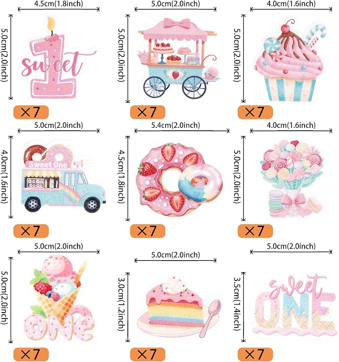 63 PCS Sweet One Cupcake Toppers Donut Flowers ice Cream Dessert Cart Cupcake Picks Donut 1st Birthday Party Decorations for Baby Shower Girls Birthday Party Cake Decorations Supplies