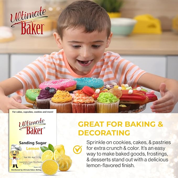 Ultimate Baker - Sanding Sugar, Lemon Flavor - Vibrant, Naturally Colored Baking & Decorating Sugar, Perfect for Sprinkling on Cakes, Desserts & Confections, Medium Crystal - 4oz