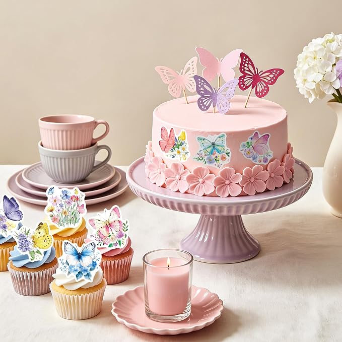 72Pcs Edible Butterfly Flower Cupcake Toppers Wildflower Cupcake Toppers Baby Shower Girl Butterfly Flower Floral Birthday Party Decoration Supplies