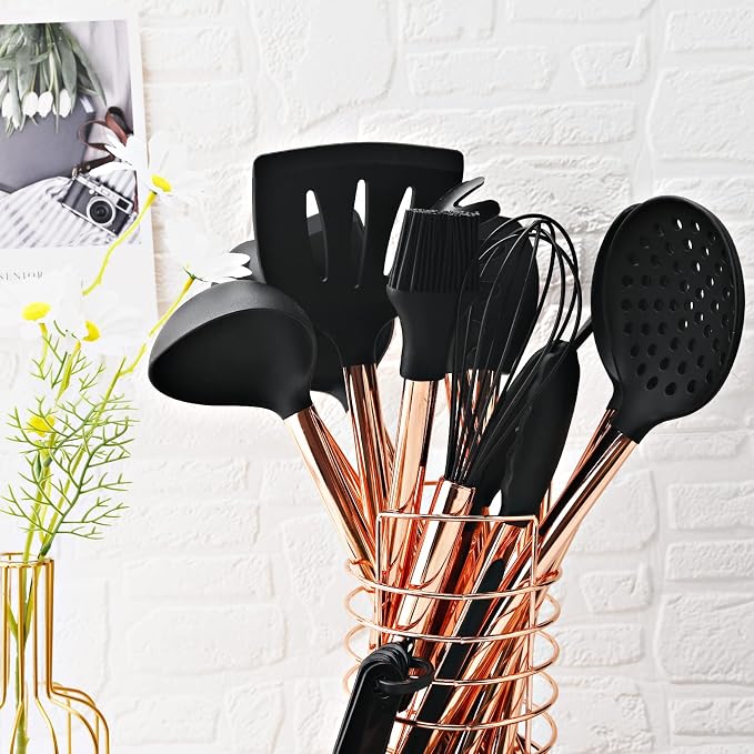 1pc Black & Copper Silicone Skimmer Spoon Set with Stainless Steel Handle, Heat Resistant Kitchen Big Slotted Strainer Spoon for Pasta Spaghetti Noodles and Frying.