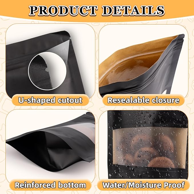 Smell Proof Bag, 100 Pack Sealed Bags for Small Business, Food Storage Bags with Window,Dog Treat Bag, Bakery Bags, Candy Packaging, Resealable Paper Stand Up Pouch