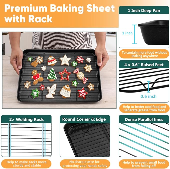 P&P CHEF Baking Oven Sheet Pan with Rack for Cookie, Nonstick Oven Tray and Cooling Rack for Baking & Roasting, Easy Clean, Black, 16 x 12 Inch