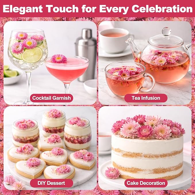 50+ Edible Dried Flowers for Cake Decorations - Food Grade Dried Pink Strawflower Blooms for Cocktail Garnish & Cupcakes, Drink Toppers, DIY Crafts