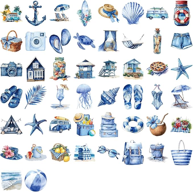 50 Pcs PET Transparent Blue Beach Stickers, Waterproof Vinyl Coastal-Themed Decals for Laptop Skateboard Luggage, Watercolor Beach Vacation Stickers Gift for Kids Teens AdultsBlue Beach