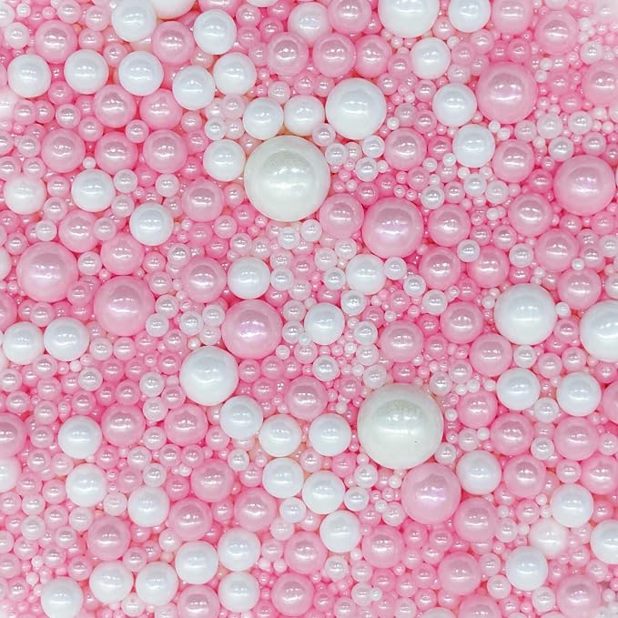 Edible Pink & White Sugar Pearls Sprinkles Candy Mix Size Pearls Cake Decorations Cupcake Toppers Decorating Perfect for Wedding Party Valentine Supplies 4.58OZ