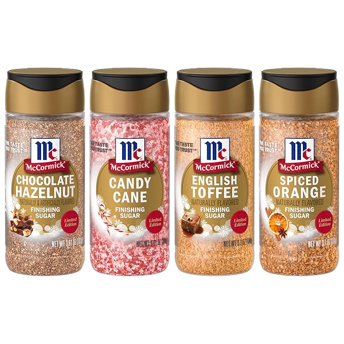 McCormick Finishing Sugar Variety Pack, Limited Edition, Includes Seasonal Winter Flavors Like Chocolate Hazelnut, Candy Cane, English Toffee, and Spiced Orange, For Baking & Beverages, 14.82 oz