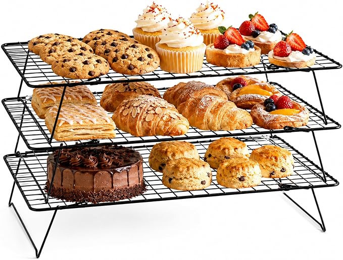 Cooling Rack, 3 Tier Stackable Cooling Racks for Cooking Baking Roasting, Multi-Level Collapsible Cookie Rack for Cakes, Oven Safe & Easy Clean (Black, 3-Tier)