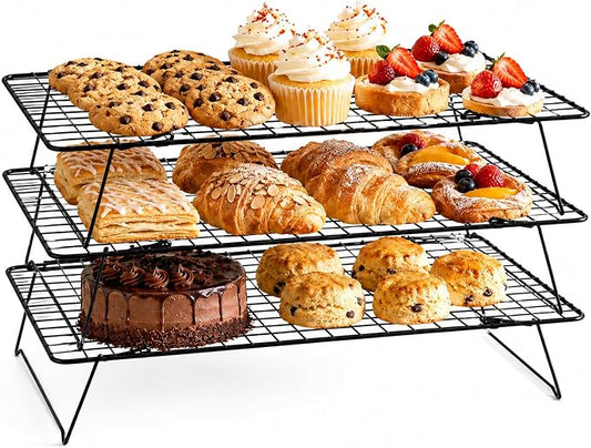 Cooling Rack, 3 Tier Stackable Cooling Racks for Cooking Baking Roasting, Multi-Level Collapsible Cookie Rack for Cakes, Oven Safe & Easy Clean (Black, 3-Tier)