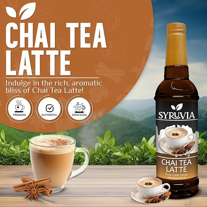 Syruvia Chai Tea Latte Syrup, Flavored Syrup for Lattes, Drinks, Cappuccinos, Iced Coffees, Espresso Drinks – 25.4 fl oz - with Pump