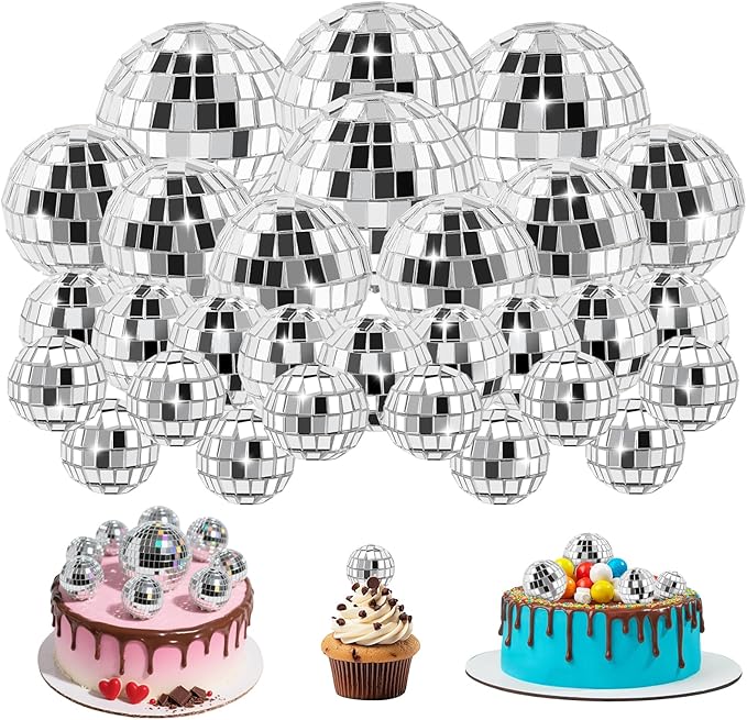 Soelomu 30 Pcs Mini Disco Ball Cake Decorations - 4 Sizes Silver Reflective Mirror CupCake Decor for 70s Birthday Music Disco Party Supplies