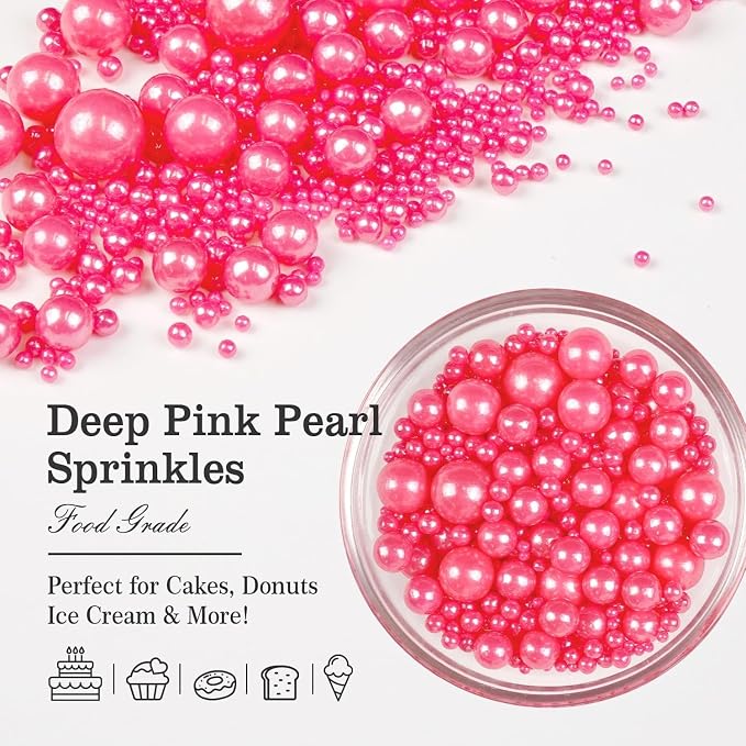 Deep Pink Pearl Sprinkles for Cake Decorating, 150g/5.29oz Mix Size, Edible Candy Sugar Pearls, Pearl Cake Decorations, Donuts&Cupcakes Topper, Wedding Party Birthday Supplies, Food Grade