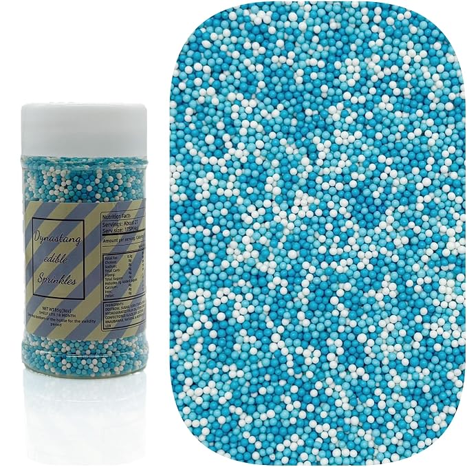 Dynastang 2mm Blue & White Pearls Sprinkles Edible Pearls Cake Decorating Stars Cake Decorations Cupcake Toppers Cookie Decorating Perfect for Cakes, Cupcakes, Desserts Toppings 3OZ