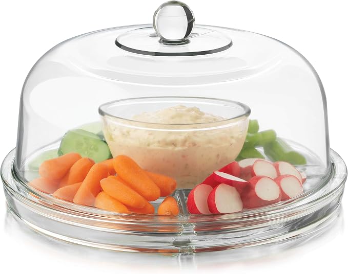 Libbey Selene 6-in-1 Domed Cake Stand, Unique Space Saving Glass Cake Stand with Dome, Multi-Purpose Dip Bowl To Serve Snacks and More