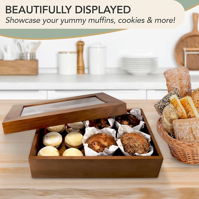 Wooden Bakery Box with Window - 12x8x2.5 Inches– Treat Boxes for Pastry, Desserts, Donuts, Muffins or Baked Goods- Comes with Reusable Canvas Bag-Ideal Baker Gifts for Women