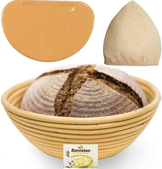 9 Inch Bread Banneton Proofing Basket - Baking Bowl Dough Gifts for Bakers Proving Baskets for Sourdough Bread Scraper Tool Starter Proofing