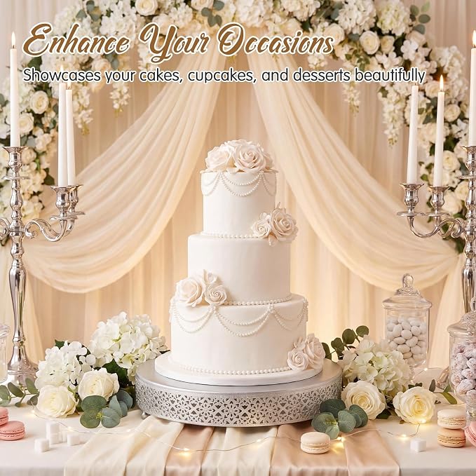 Wenqik Cake Stand 14 Inch Round Metal Cupcake Dessert Wedding Cake Stand Cookies Display Holder Fruit Serving Tray for Table Wedding Birthday Anniversary Party, Silver