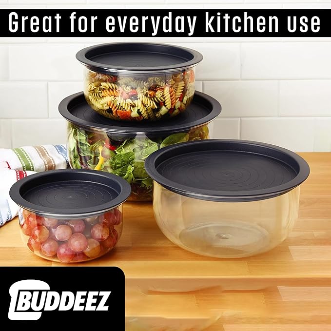 Buddeez Tritan™ Bowl Set 8 Piece - Crystal Clear Nesting Storage Bowls for Kitchen - BPA Free Mixing Bowls with Lids