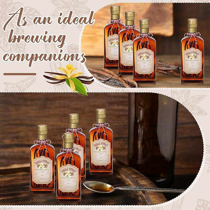 Suclain 8 Pack 8.5 oz Amber Glass Bottle for Vanilla Extract Homemade, Brown Vanilla Extract Bottles with Airtight Lid and Stickers for Syrup Gift Food Storage Canister Christmas Small Gift(Gold)
