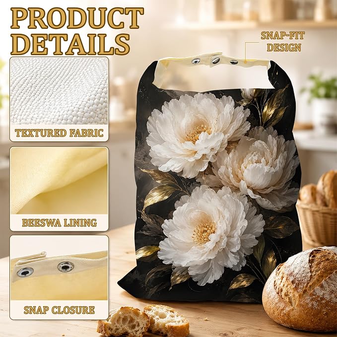 2 Pack Reusable Beeswax White Peony Bread Bags, Sourdough Bread Gold Leaf Storage for Homemade, Freezer Storage Bag to Keep Fresh, Baguette Bag with Beeswax Liner Kitchen Baking