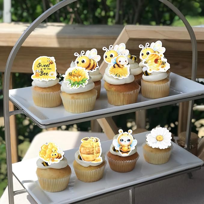 63 PCS Edible Bumble Bee Cupcake Toppers Wafer Paper Sunflower Bees Candy Oh Babee Cupcake Picks Edible Daisy Honey Bee Cake Decorations for Baby Shower Kids Birthday Party Cake Decorations Supplies