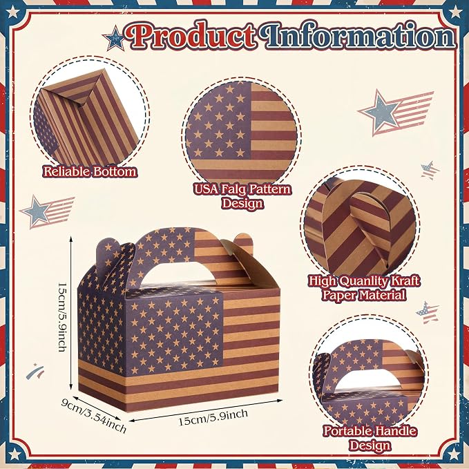 Colarr 24 Pcs 4th of July Treat Boxes Patriotic American Flag Prints Goodie Boxes with Handles 250th Anniversary Kraft Paper Cookie Box Candy Party Favor Box for Independence Day Celebration