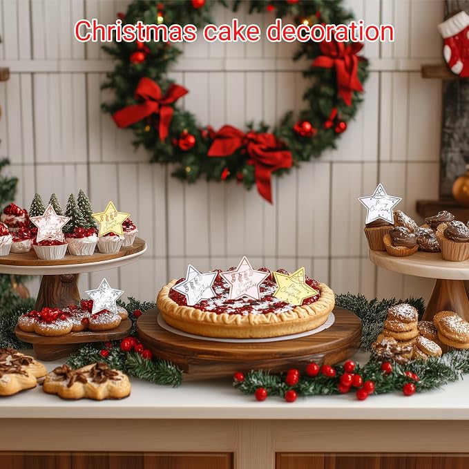 Wootkey 36 PCS Christmas Cupcake Toppers Acrylic Mirror Star Little Star Cake Decorations for New Year Christmas Party Supplies
