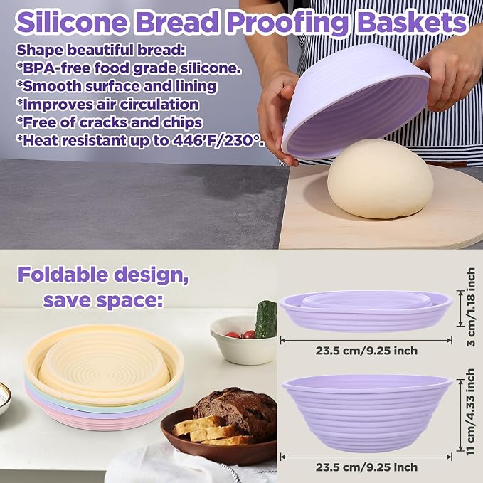4Pcs Silicone Bread Proofing Basket,9" Foldable Silicone Proofing Baskets for Sourdough Bread Baking,Non-stick Round Dough Proofing Bowl Sourdough Bread Baking Supplies