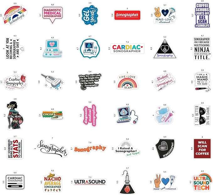 100Pcs Sonography Stickers for Water Bottle, Laptop - Ultrasound Stickers - Sonography Gifts for Sonographer, Party Decorations - Gift for Women & Men