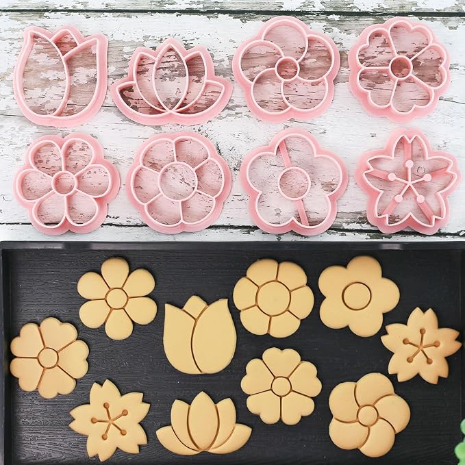 8pcs Mini Flower Cookie Stamps, One-touch Molding 3d Raised Design Cookie Cutters, suitable for Spring, Mother's Day, Valentine, Holiday & DIY Party Treats Frosting Decoration (Flower)