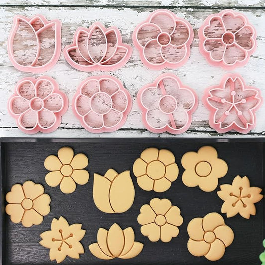 8pcs Mini Flower Cookie Stamps, One-touch Molding 3d Raised Design Cookie Cutters, suitable for Spring, Mother's Day, Valentine, Holiday & DIY Party Treats Frosting Decoration (Flower)