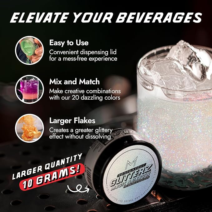MONÉGASQUE Magic Rainbow Edible Glitter for Drinks 10g – Edible Glitter for Cakes & Cocktails – Cocktail & Drink Shimmer Powder – Sparkles for Drinks – Food, Cupcake, & Cake Decorations Spray Dust