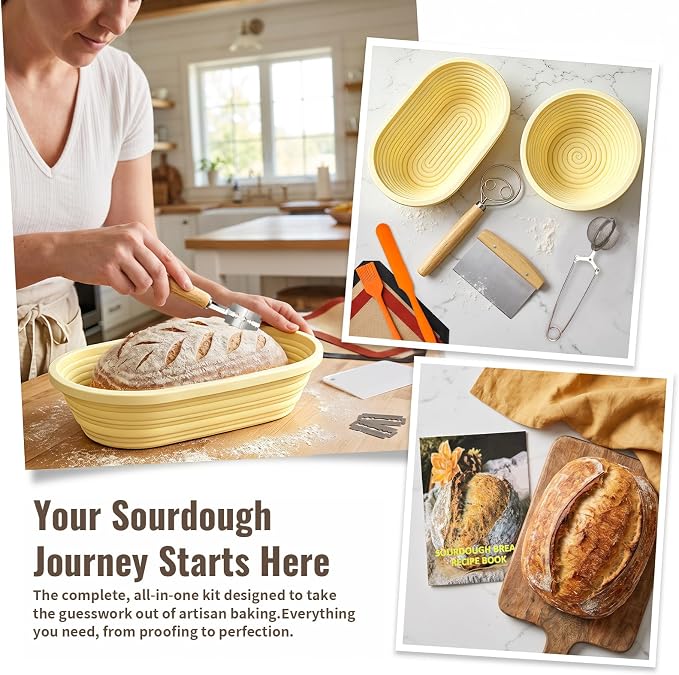 Sourdough Starter Kit, Collapsible Silicone Banneton Basket Set, Round & Oval Bread Proofing Bowl, BPA Free Food Grade Baking Supplies, Non-Stick Oven Dishwasher Safe Tools for Beginner Bakers