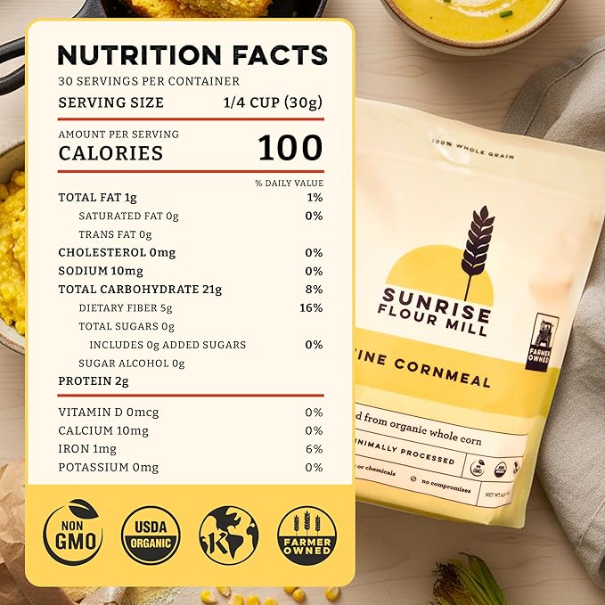 Sunrise Flour Mill Organic Fine Cornmeal | 2 LB | Yellow Cornmeal | Corn Flour | Fine Corn Meal | Milled from Organic Whole Kernel | No Artificial Ingredients | Non-Aluminum Baking Powder