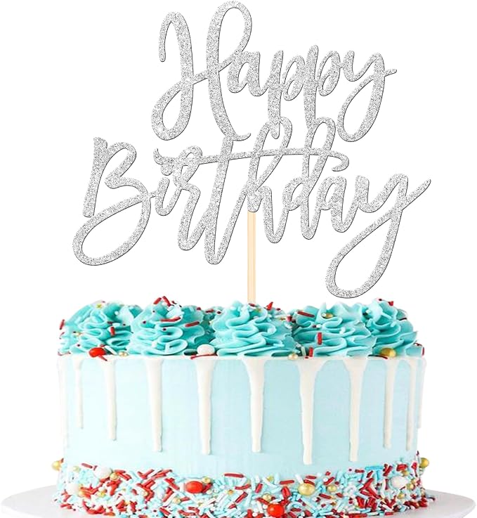 ZHUOWEISM 1 PCS Happy Birthday Cake Topper Glitter Happy Birthday Cake Pick for Celebrating Happy Birthday Anniversary Theme Party Cake Decorations Supplies Silver