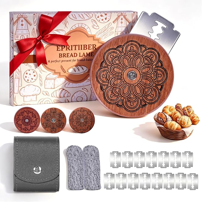 UFO Bread Lame Set for Sourdough,Wooden Bread Scoring Tool for Homemade Sourdough Gifts for Bread Baker with 15 Blades and Leather Storage Cover,Lame Cutter Scoring Knife for Baking-Rosette