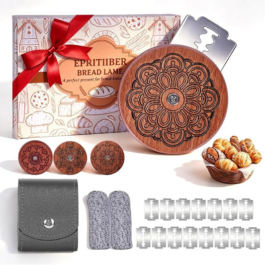 UFO Bread Lame Set for Sourdough,Wooden Bread Scoring Tool for Homemade Sourdough Gifts for Bread Baker with 15 Blades and Leather Storage Cover,Lame Cutter Scoring Knife for Baking-Rosette