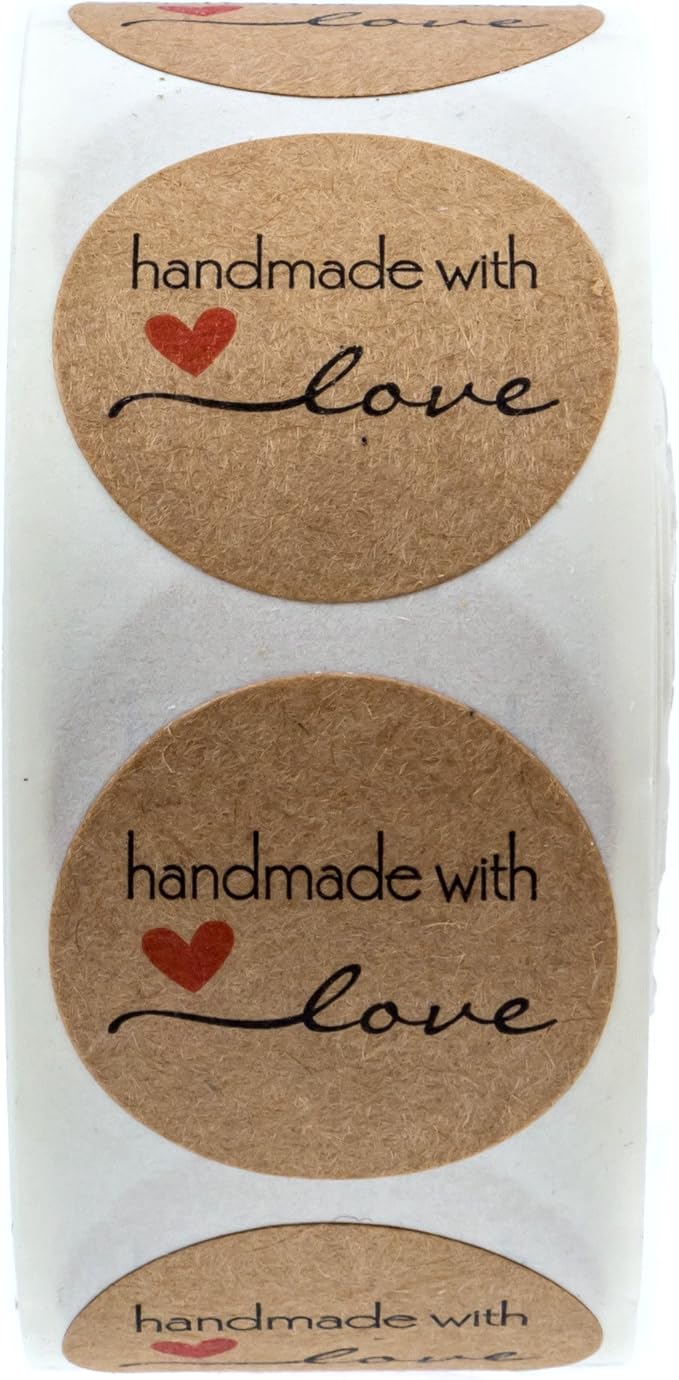 1" Round Natural Brown Kraft Handmade with Love Stickers/Roll of 1000 Labels/Homemade Handmade DIY Project Labels/Made in The USA