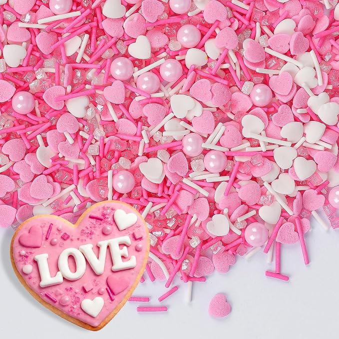 Edible Heart Sprinkles,Pink White Sprinkles -130g,Edible Heart Shaped Sprinkle,Pearl,Jimmies and Sugar Crystals Mix for Baking,Light Pink Cupcake Toppers,Cake,Candy,Cookie Decorations,Donuts Ice Cream Dessert Decorating,Wedding Birthday Party Supplies