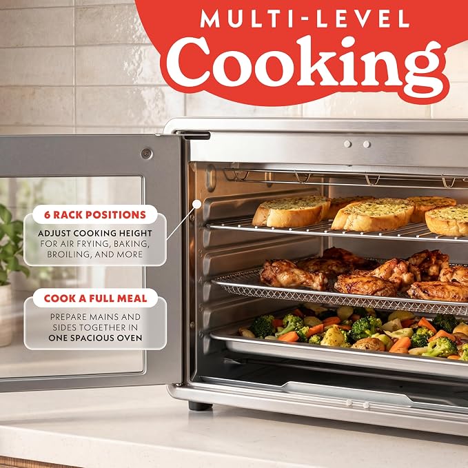 Gourmia French Door Air Fryer Oven - 37 Qt Large Capacity Convection Toaster Oven, FryForce 360°, Digital Display, 12 Cooking Presets, Dehydrate, Fits 13” Pizza, Dishwasher-Safe, Peach