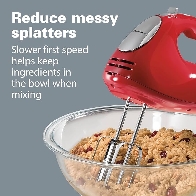 Hamilton Beach 6-Speed Electric Hand Mixer with Whisk,Traditional Beaters,Dough Hooks,Snap-On Storage Case,275 Watts,Red,(Pack of 2)